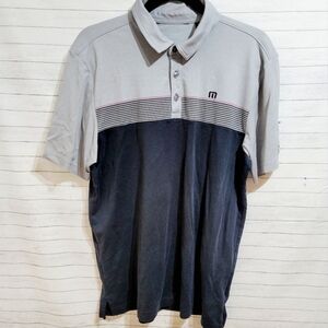 TRAVIS MATHEW GOLF CLUB TEE, GRAY & BLACK STRIPE SZ MEDIUM